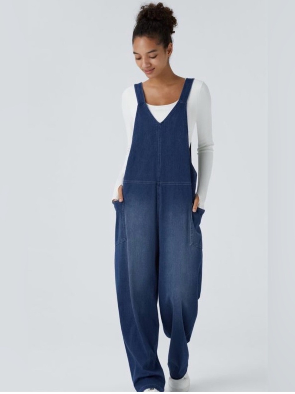 Halara Flex™ V Neck Pocket Washed Denim Casual Overalls Size XL